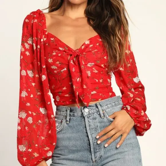 Lulu's red floral tie front long sleeve top - Picture 1 of 14